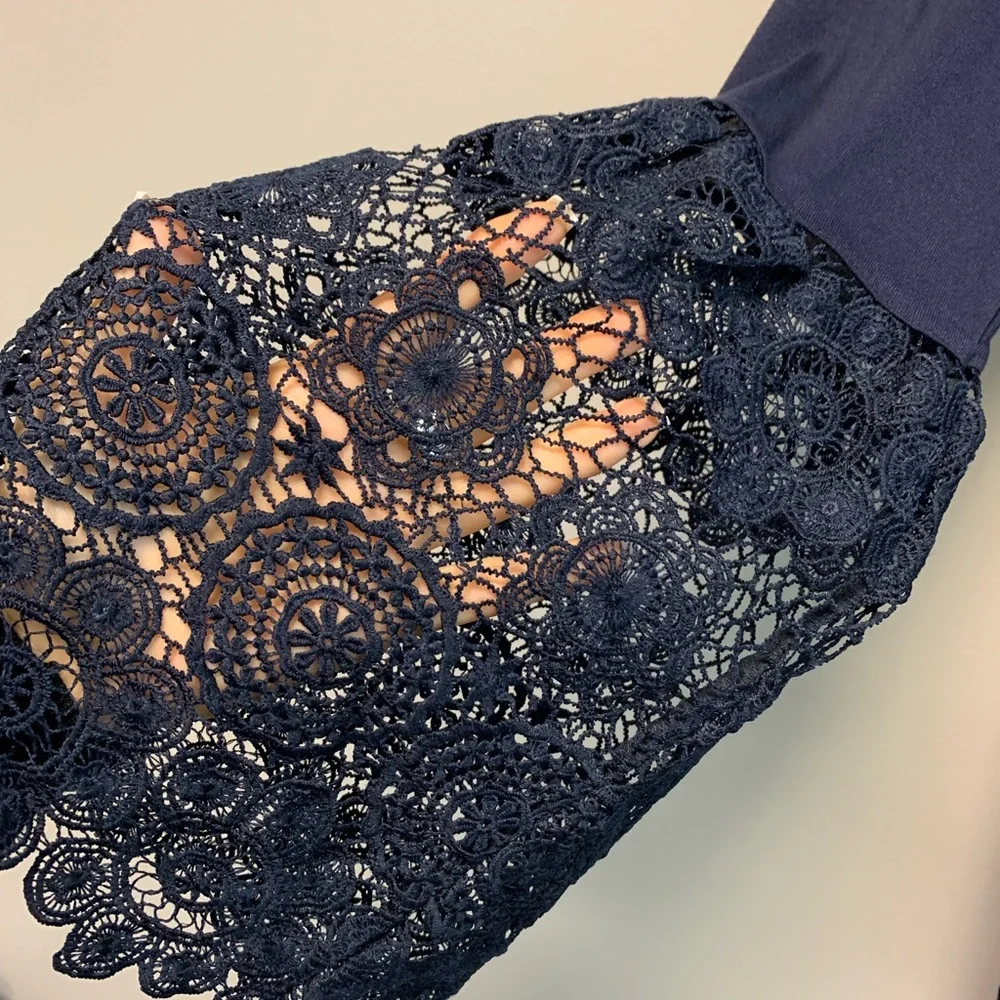 LOFT Navy Off Shoulder Lace Bell Sleeve Knit Top - Picture 6 of 7